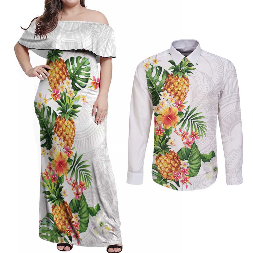Hawaii Pineapple Tropical Couples Matching Off Shoulder Maxi Dress and Long Sleeve Button Shirt Luminous Hibiscus Plumeria LT01 White - Polynesian Pride