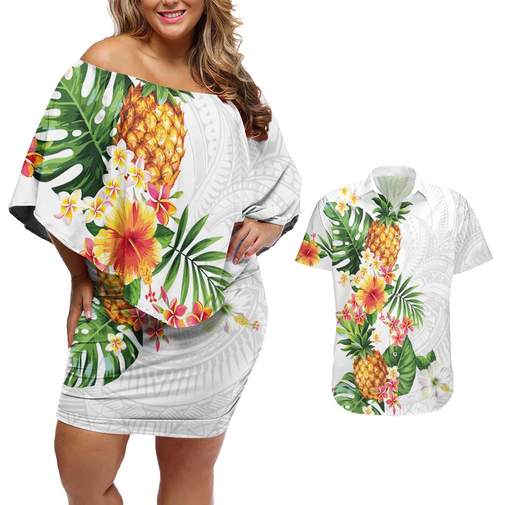 Hawaii Pineapple Tropical Couples Matching Off Shoulder Short Dress and Hawaiian Shirt Luminous Hibiscus Plumeria LT01 White - Polynesian Pride