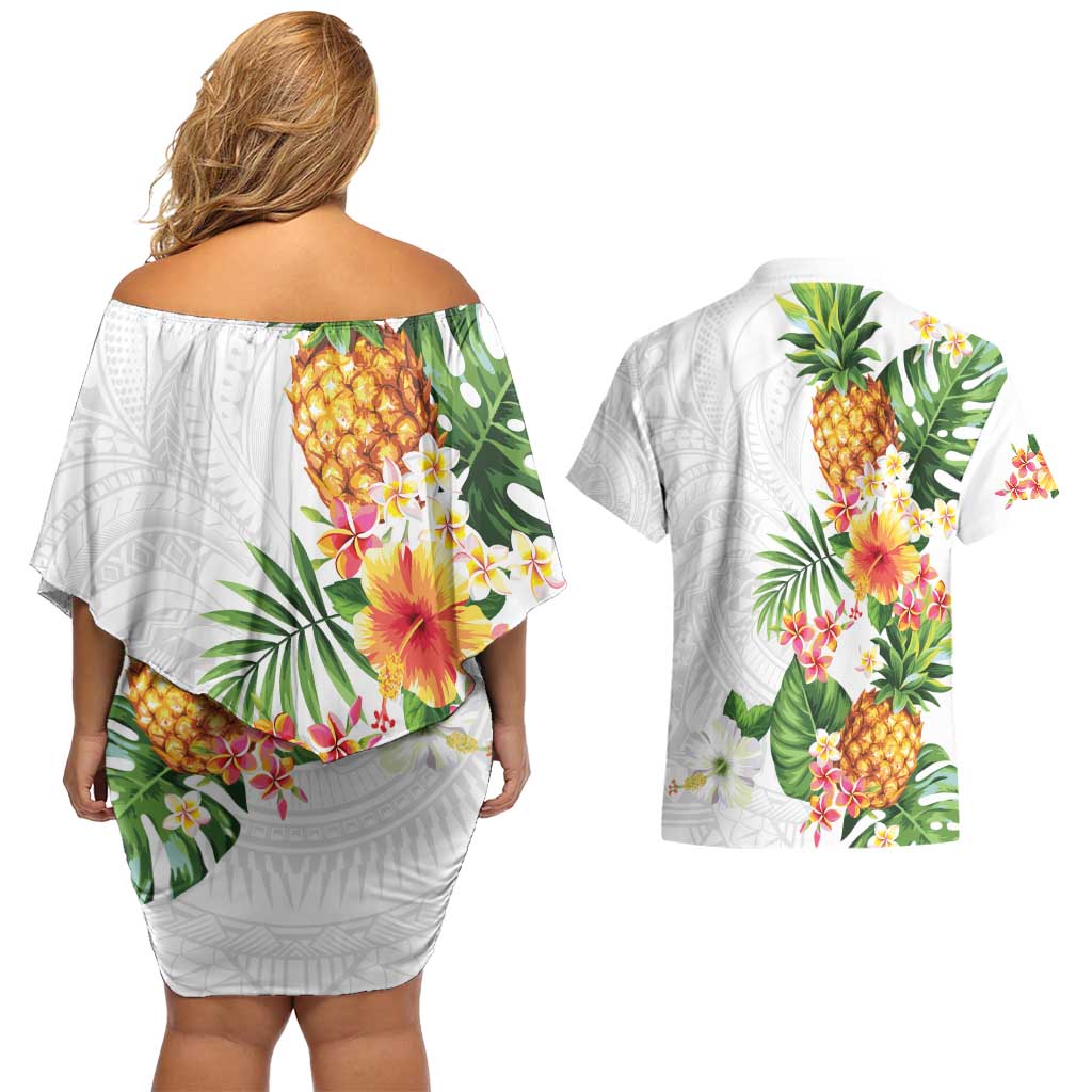 Hawaii Pineapple Tropical Couples Matching Off Shoulder Short Dress and Hawaiian Shirt Luminous Hibiscus Plumeria LT01 - Polynesian Pride