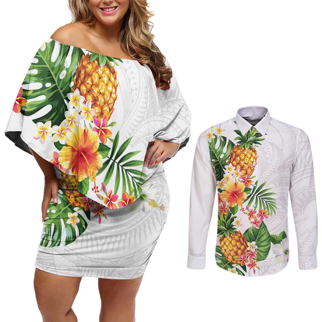 Hawaii Pineapple Tropical Couples Matching Off Shoulder Short Dress and Long Sleeve Button Shirt Luminous Hibiscus Plumeria LT01 White - Polynesian Pride