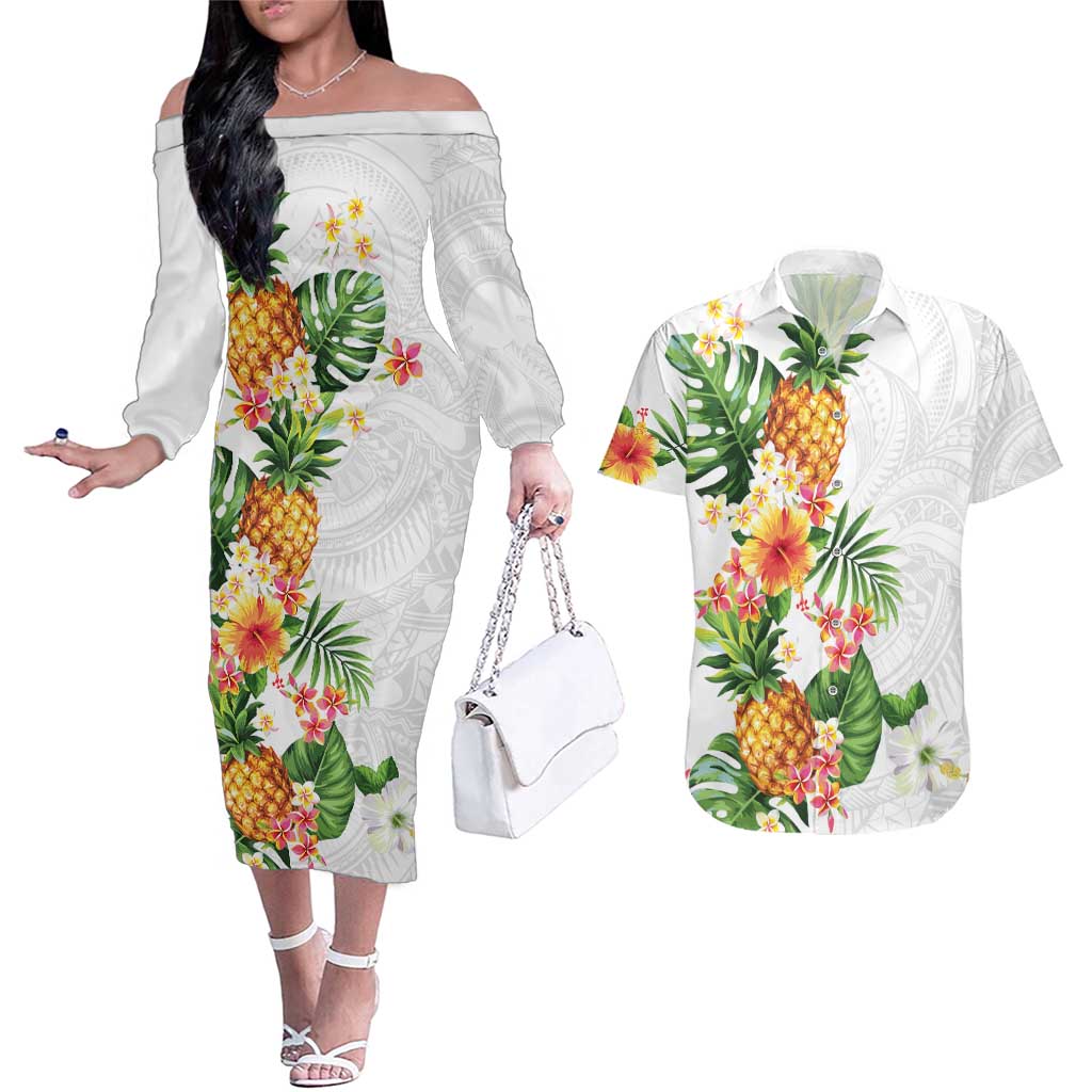 Hawaii Pineapple Tropical Couples Matching Off The Shoulder Long Sleeve Dress and Hawaiian Shirt Luminous Hibiscus Plumeria LT01 White - Polynesian Pride
