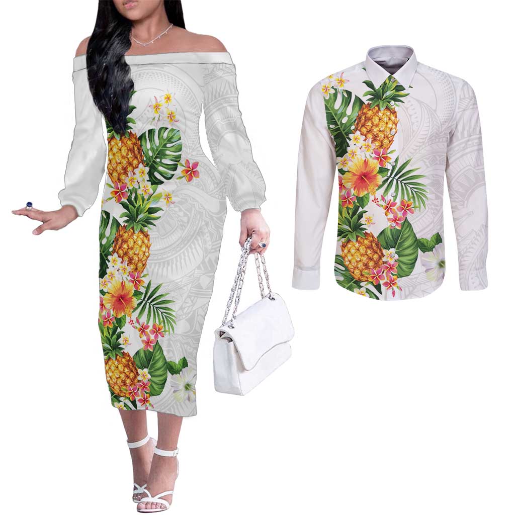 Hawaii Pineapple Tropical Couples Matching Off The Shoulder Long Sleeve Dress and Long Sleeve Button Shirt Luminous Hibiscus Plumeria LT01 White - Polynesian Pride