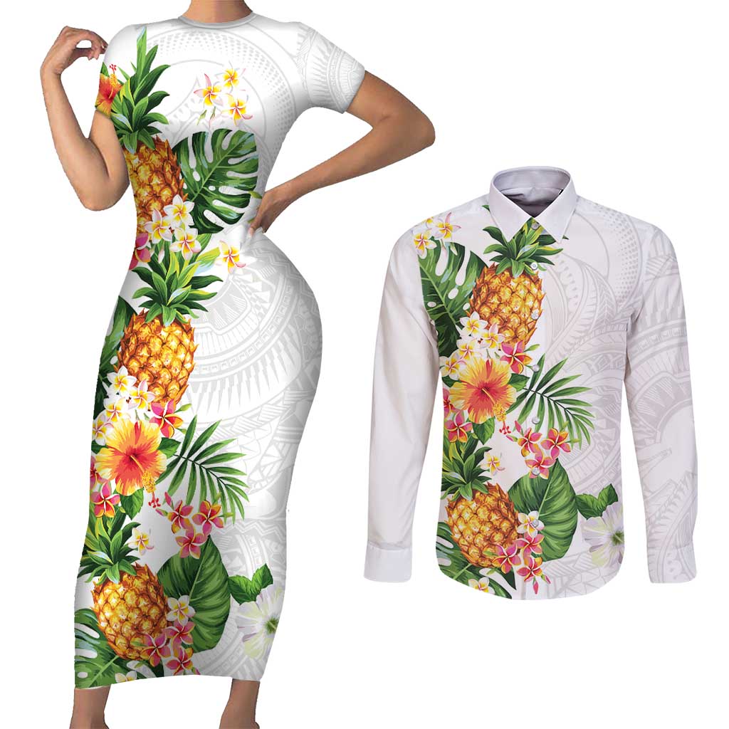 Hawaii Pineapple Tropical Couples Matching Short Sleeve Bodycon Dress and Long Sleeve Button Shirt Luminous Hibiscus Plumeria LT01 White - Polynesian Pride