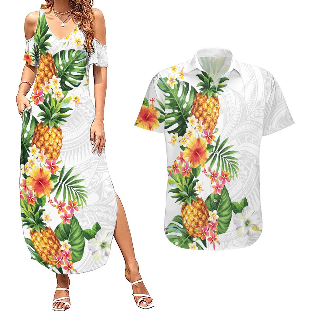 Hawaii Pineapple Tropical Couples Matching Summer Maxi Dress and Hawaiian Shirt Luminous Hibiscus Plumeria LT01 White - Polynesian Pride