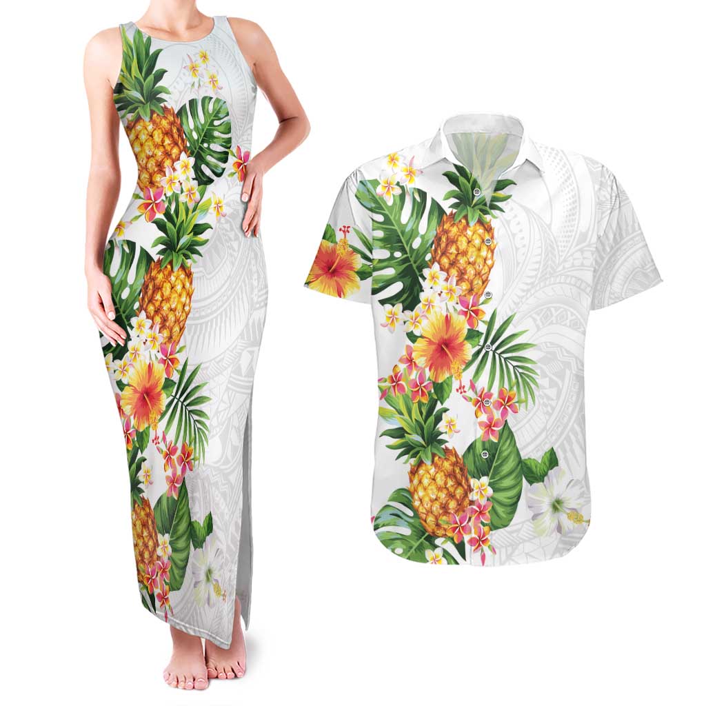 Hawaii Pineapple Tropical Couples Matching Tank Maxi Dress and Hawaiian Shirt Luminous Hibiscus Plumeria LT01 White - Polynesian Pride