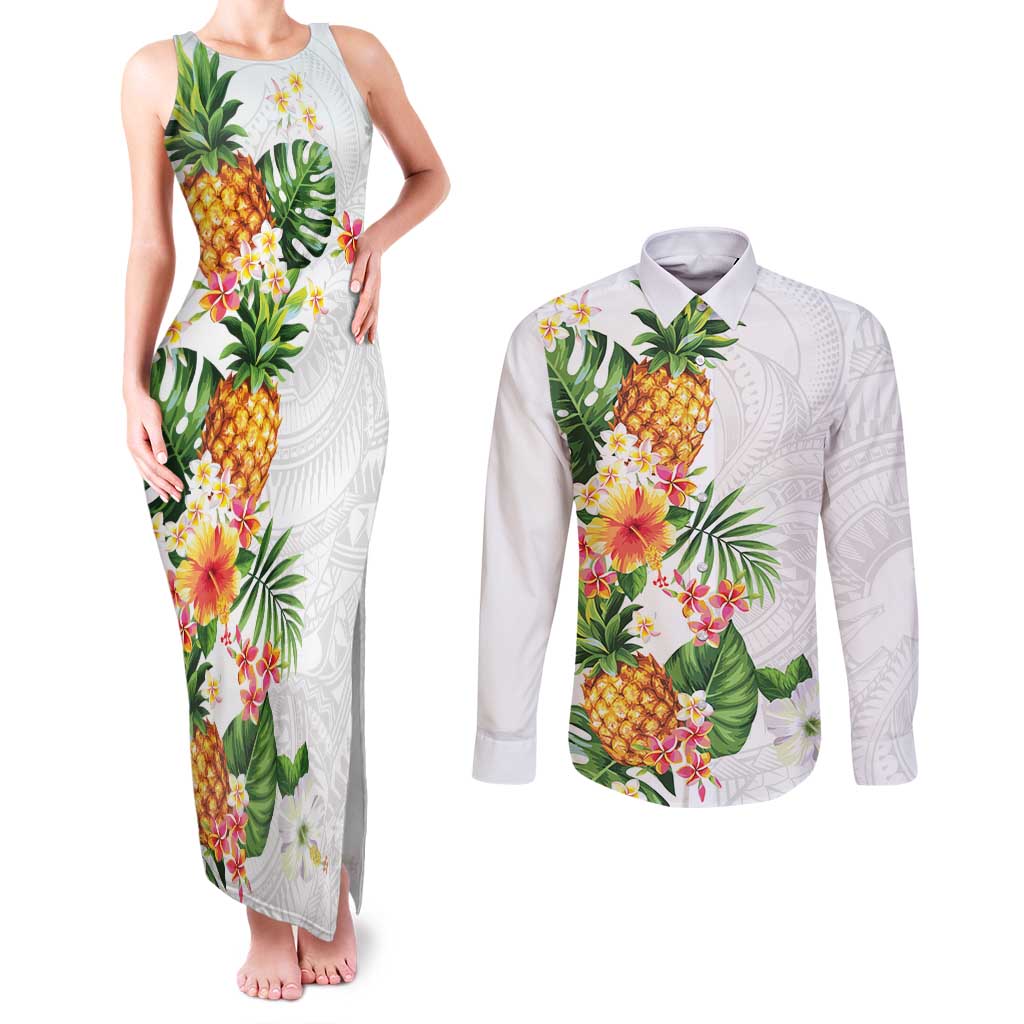 Hawaii Pineapple Tropical Couples Matching Tank Maxi Dress and Long Sleeve Button Shirt Luminous Hibiscus Plumeria LT01 White - Polynesian Pride