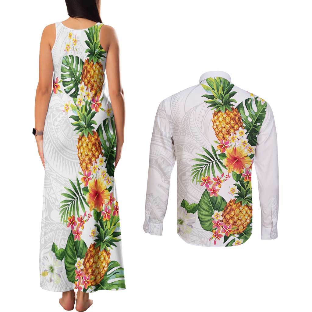 Hawaii Pineapple Tropical Couples Matching Tank Maxi Dress and Long Sleeve Button Shirt Luminous Hibiscus Plumeria