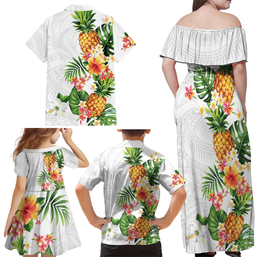 Hawaii Pineapple Tropical Family Matching Off Shoulder Maxi Dress and Hawaiian Shirt Luminous Hibiscus Plumeria