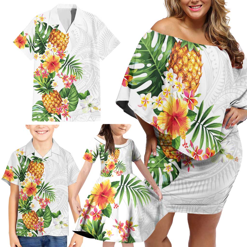 Hawaii Pineapple Tropical Family Matching Off Shoulder Short Dress and Hawaiian Shirt Luminous Hibiscus Plumeria LT01 - Polynesian Pride