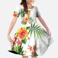 Hawaii Pineapple Tropical Family Matching Short Sleeve Bodycon Dress and Hawaiian Shirt Luminous Hibiscus Plumeria LT01 Daughter's Dress White - Polynesian Pride