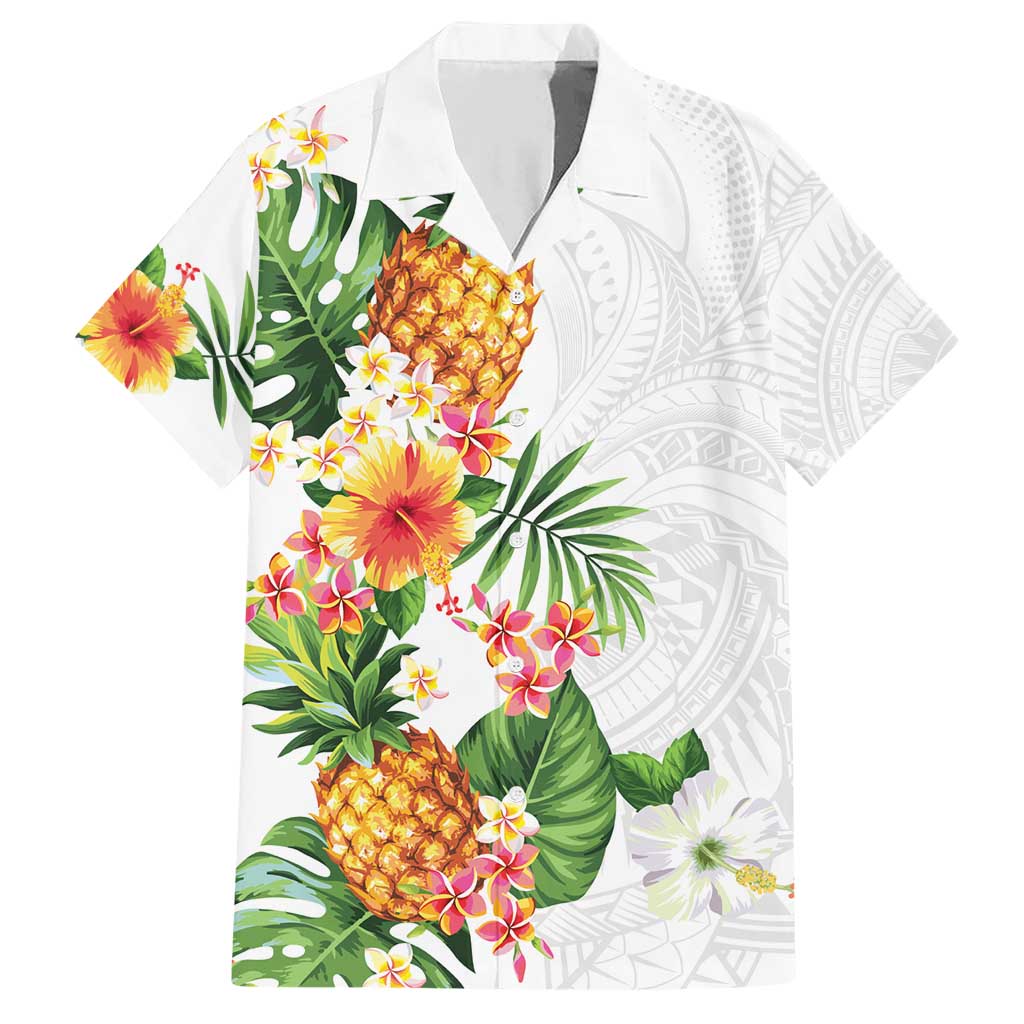 Hawaii Pineapple Tropical Family Matching Short Sleeve Bodycon Dress and Hawaiian Shirt Luminous Hibiscus Plumeria LT01 Dad's Shirt - Short Sleeve White - Polynesian Pride