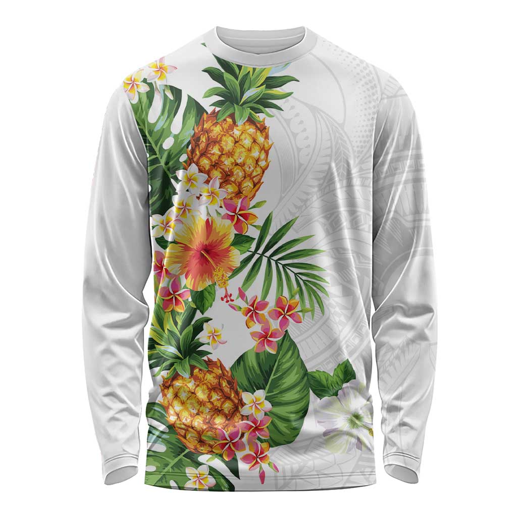 Hawaii Pineapple Tropical Long Sleeve Shirt Luminous Hibiscus Plumeria LT01 Unisex White - Polynesian Pride