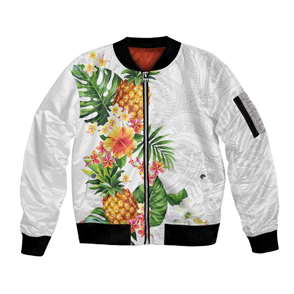 Hawaii Pineapple Tropical Sleeve Zip Bomber Jacket Luminous Hibiscus Plumeria LT01 Unisex White - Polynesian Pride