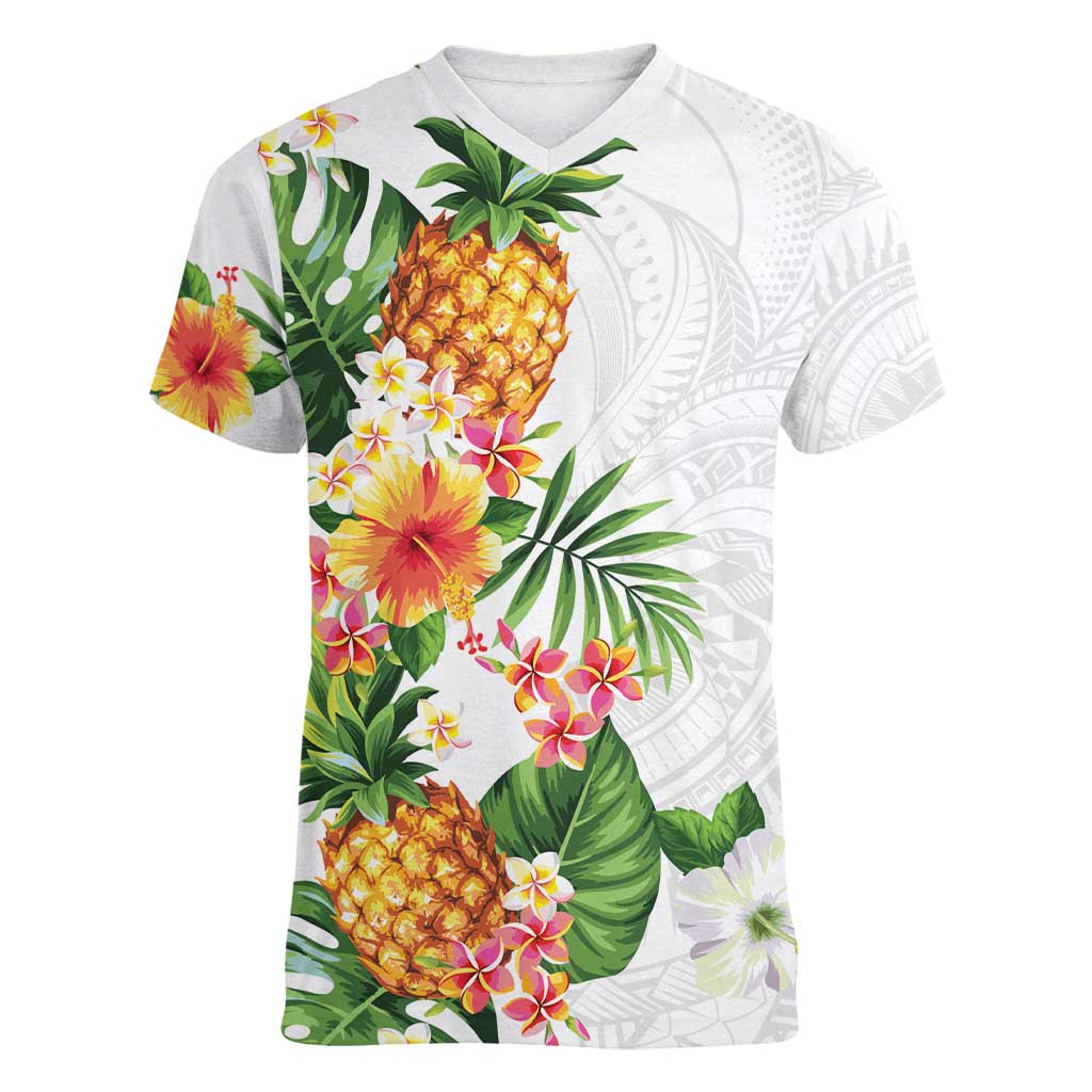 Hawaii Pineapple Tropical Women V-Neck T-Shirt Luminous Hibiscus Plumeria