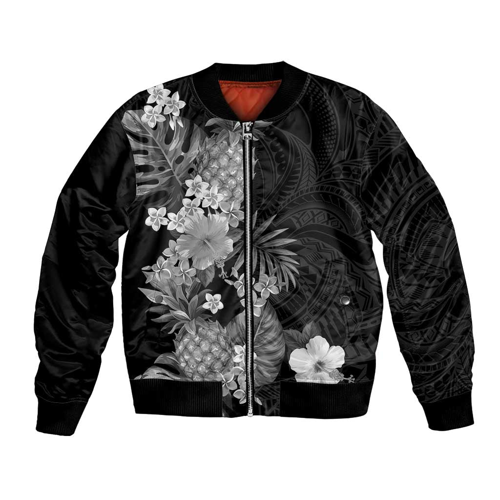 Hawaii Pineapple Tropical Bomber Jacket Neutral Hibiscus Plumeria LT01 Unisex Black - Polynesian Pride
