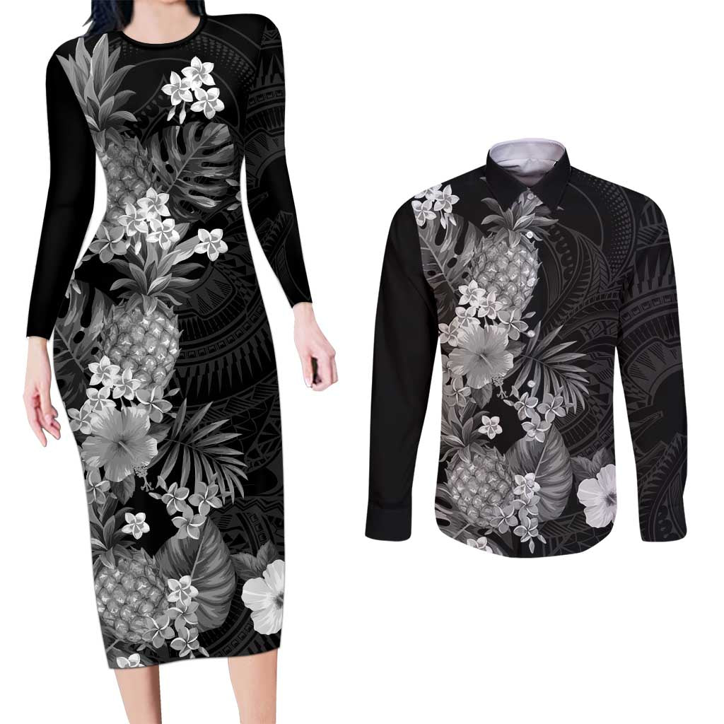 Hawaii Pineapple Tropical Couples Matching Long Sleeve Bodycon Dress and Long Sleeve Button Shirt Neutral Hibiscus Plumeria LT01 Black - Polynesian Pride