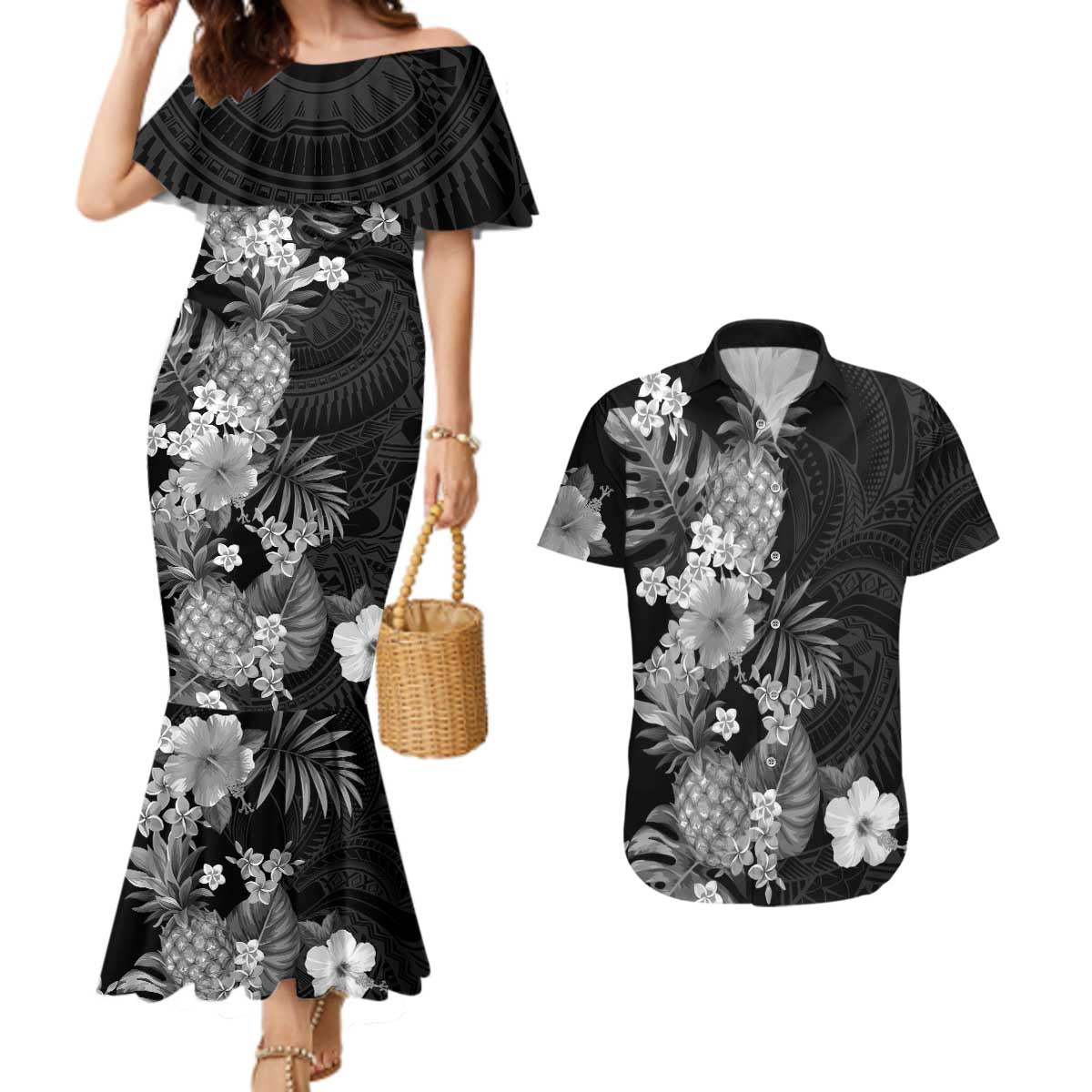 Hawaii Pineapple Tropical Couples Matching Mermaid Dress and Hawaiian Shirt Neutral Hibiscus Plumeria LT01 Black - Polynesian Pride