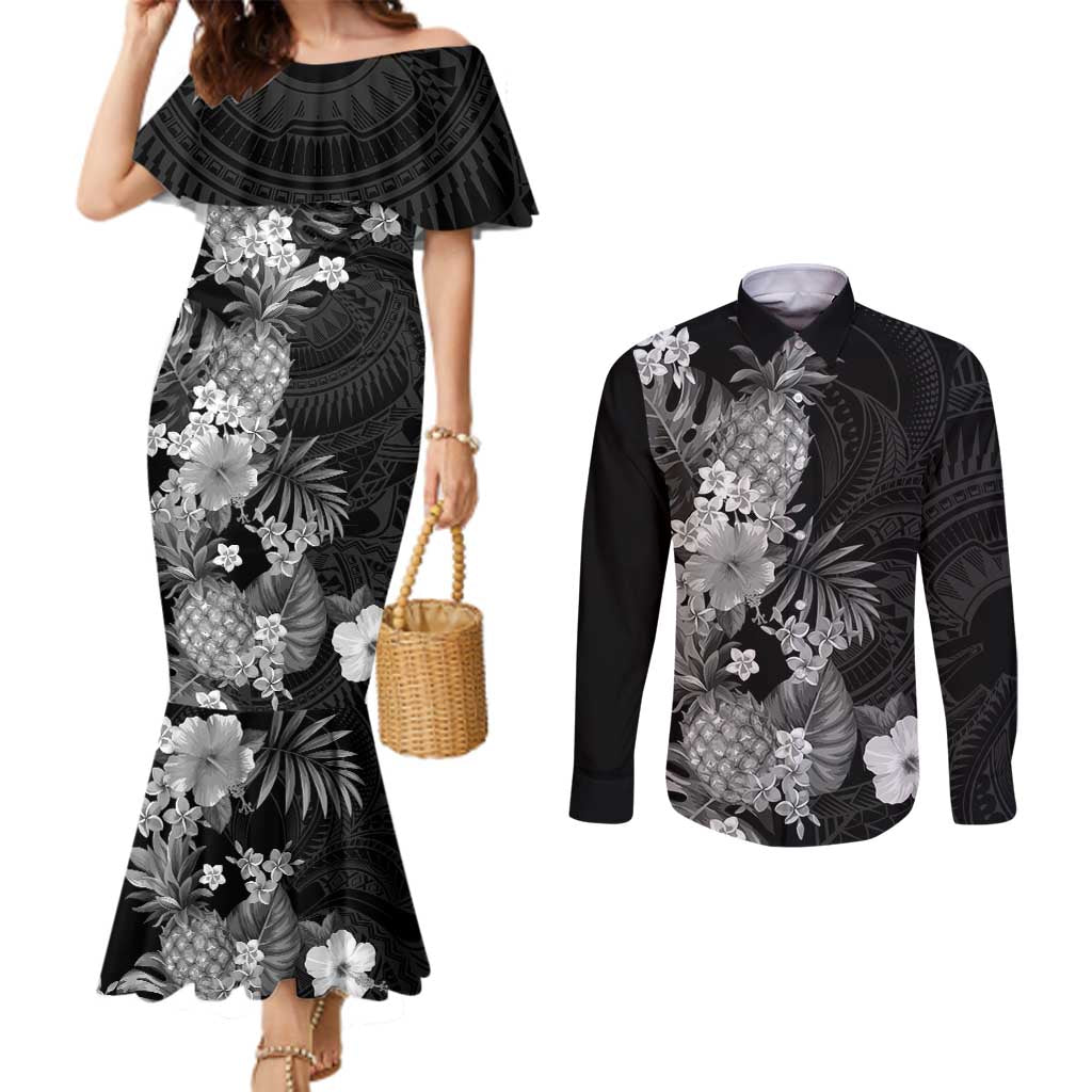 Hawaii Pineapple Tropical Couples Matching Mermaid Dress and Long Sleeve Button Shirt Neutral Hibiscus Plumeria LT01 Black - Polynesian Pride