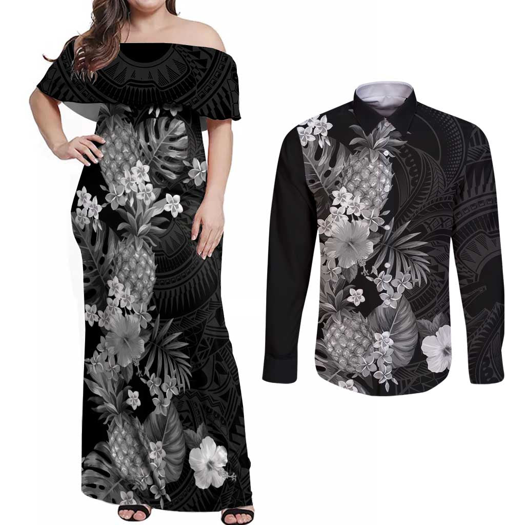 Hawaii Pineapple Tropical Couples Matching Off Shoulder Maxi Dress and Long Sleeve Button Shirt Neutral Hibiscus Plumeria LT01 Black - Polynesian Pride