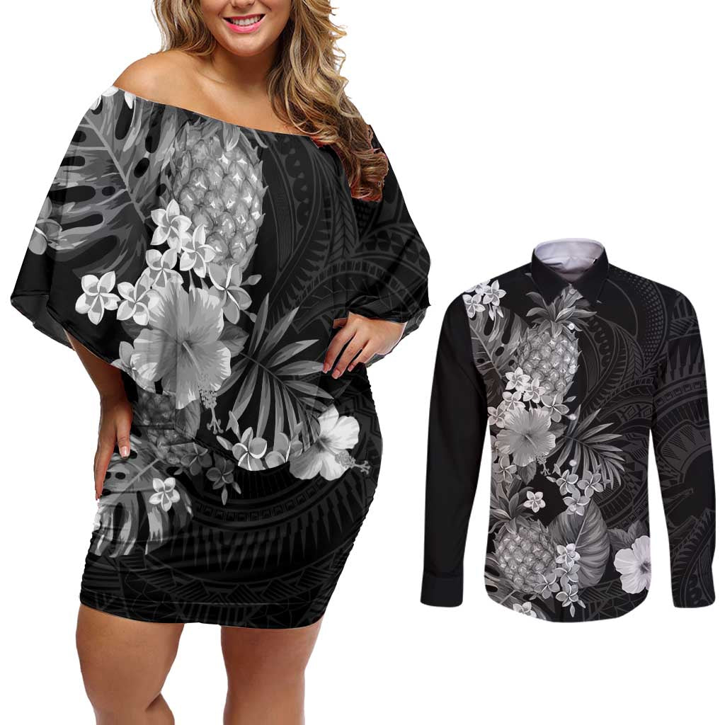 Hawaii Pineapple Tropical Couples Matching Off Shoulder Short Dress and Long Sleeve Button Shirt Neutral Hibiscus Plumeria LT01 Black - Polynesian Pride