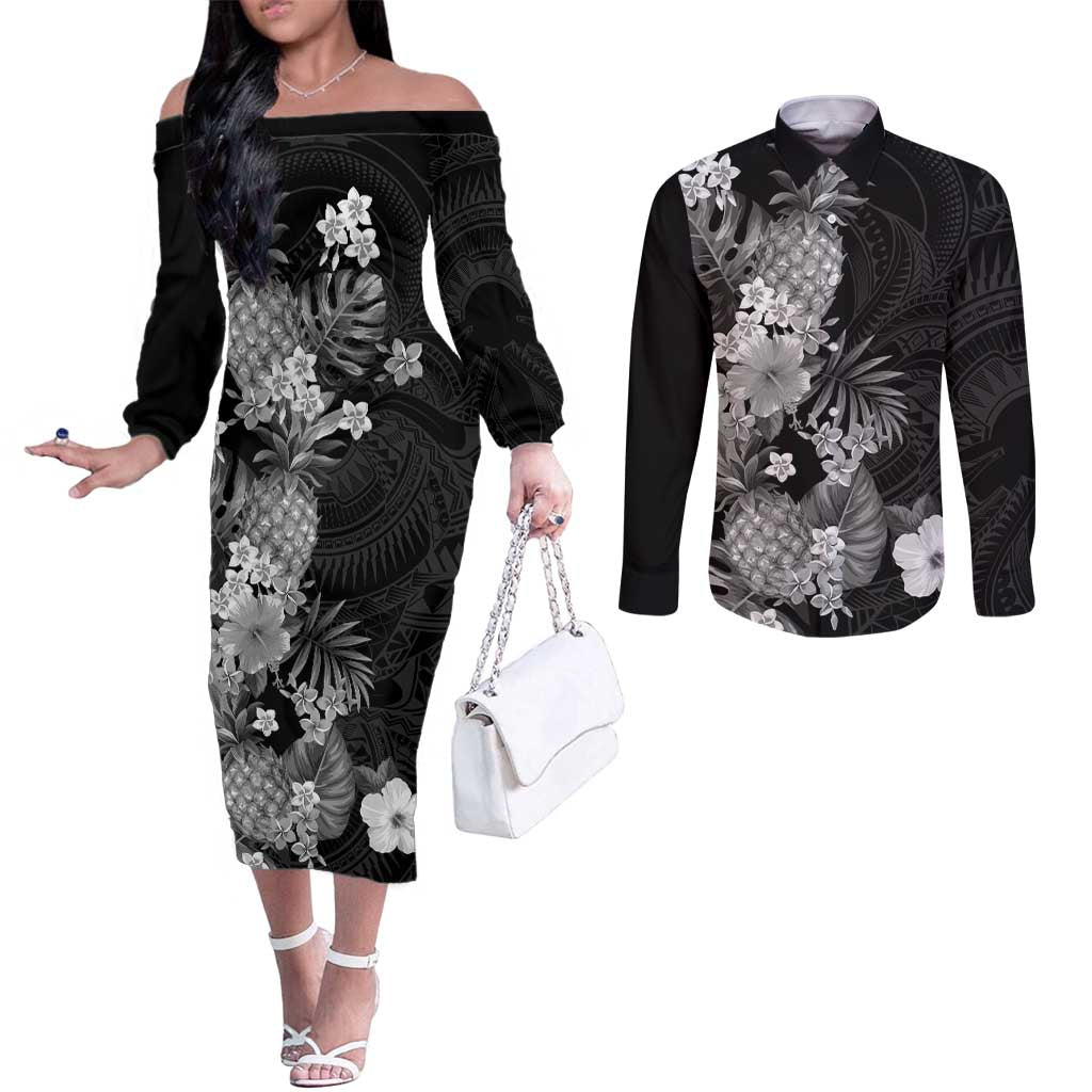 Hawaii Pineapple Tropical Couples Matching Off The Shoulder Long Sleeve Dress and Long Sleeve Button Shirt Neutral Hibiscus Plumeria LT01 Black - Polynesian Pride