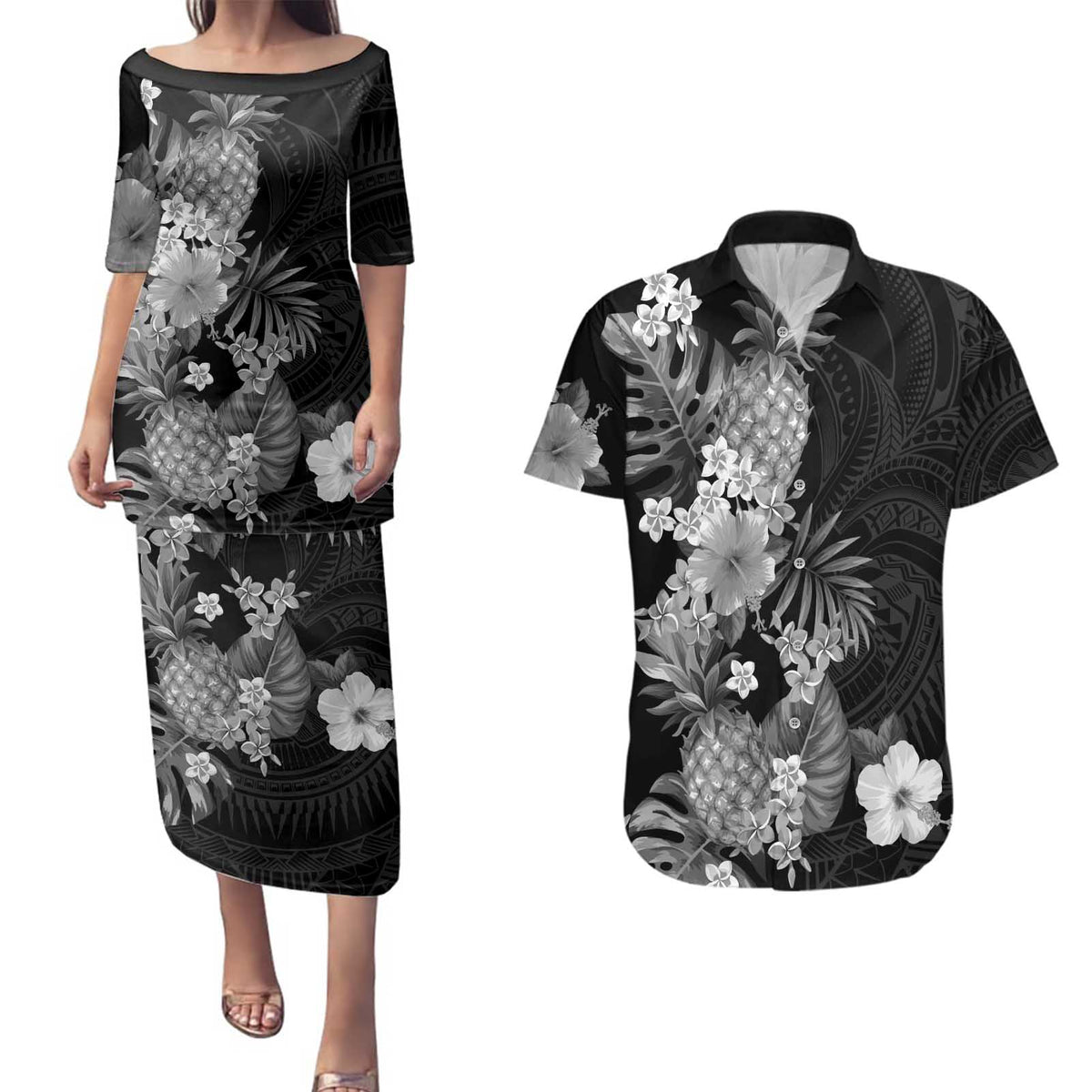 Hawaii Pineapple Tropical Couples Matching Puletasi and Hawaiian Shirt Neutral Hibiscus Plumeria LT01 Black - Polynesian Pride