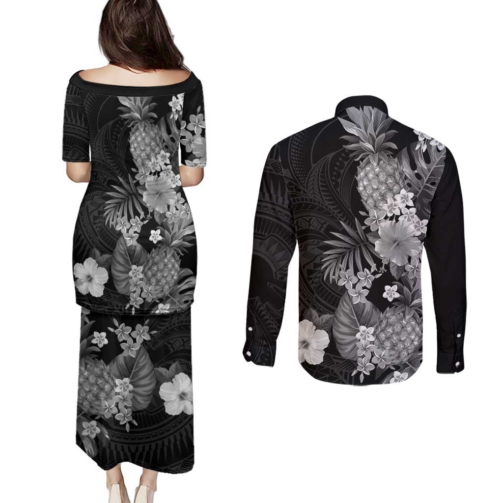 Hawaii Pineapple Tropical Couples Matching Puletasi and Long Sleeve Button Shirt Neutral Hibiscus Plumeria