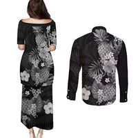 Hawaii Pineapple Tropical Couples Matching Puletasi and Long Sleeve Button Shirt Neutral Hibiscus Plumeria