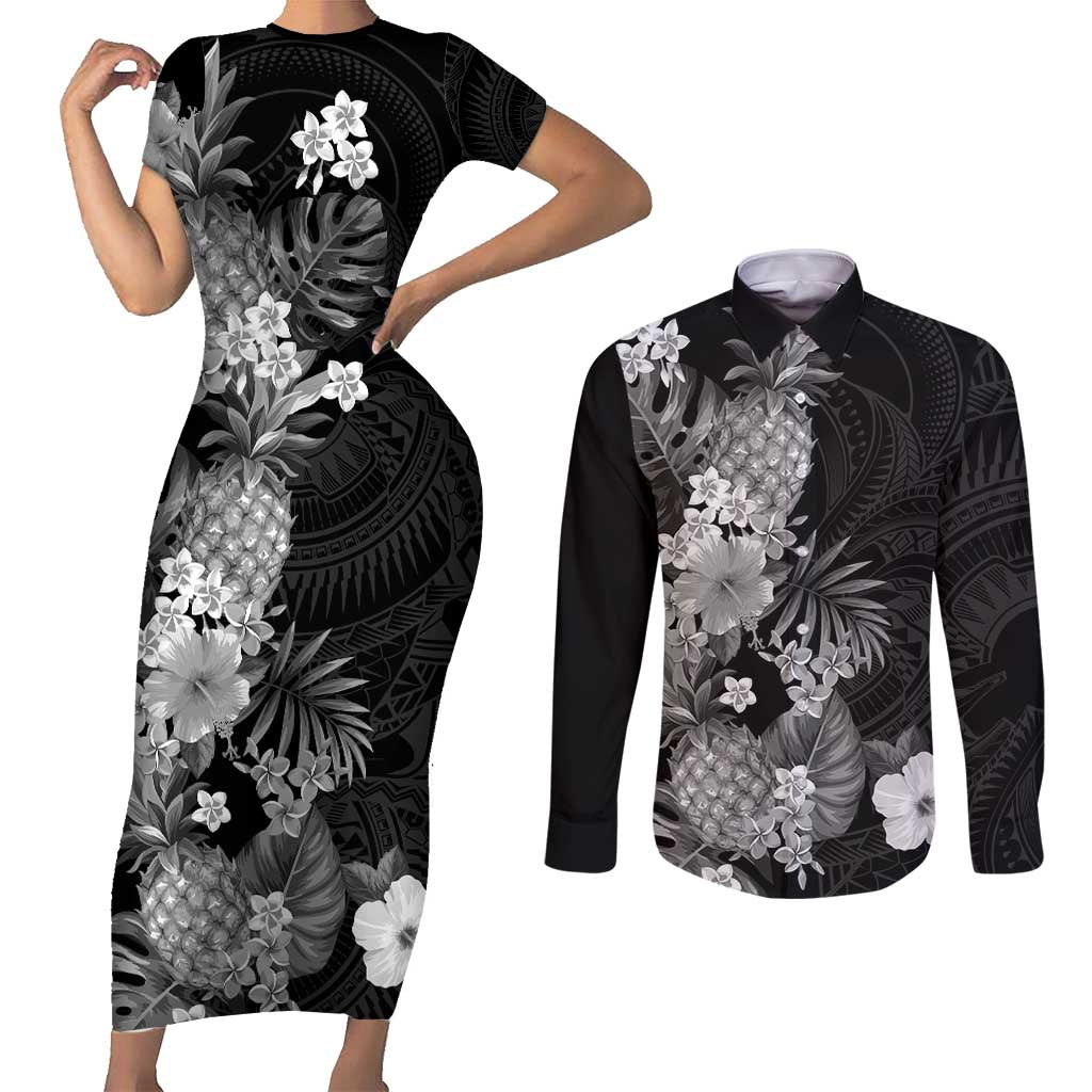 Hawaii Pineapple Tropical Couples Matching Short Sleeve Bodycon Dress and Long Sleeve Button Shirt Neutral Hibiscus Plumeria LT01 Black - Polynesian Pride
