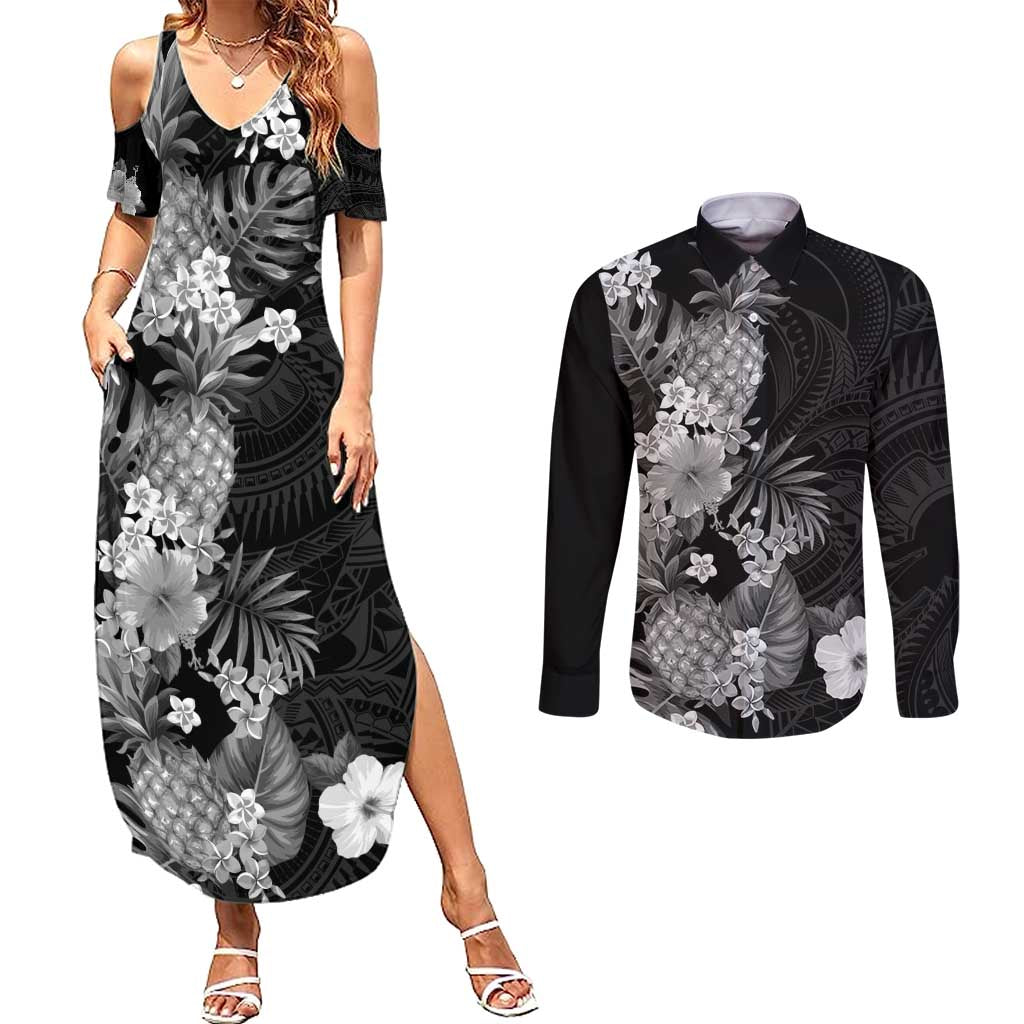 Hawaii Pineapple Tropical Couples Matching Summer Maxi Dress and Long Sleeve Button Shirt Neutral Hibiscus Plumeria LT01 Black - Polynesian Pride