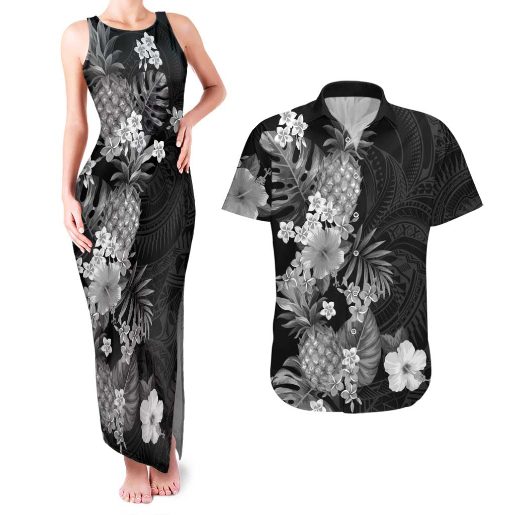 Hawaii Pineapple Tropical Couples Matching Tank Maxi Dress and Hawaiian Shirt Neutral Hibiscus Plumeria LT01 Black - Polynesian Pride