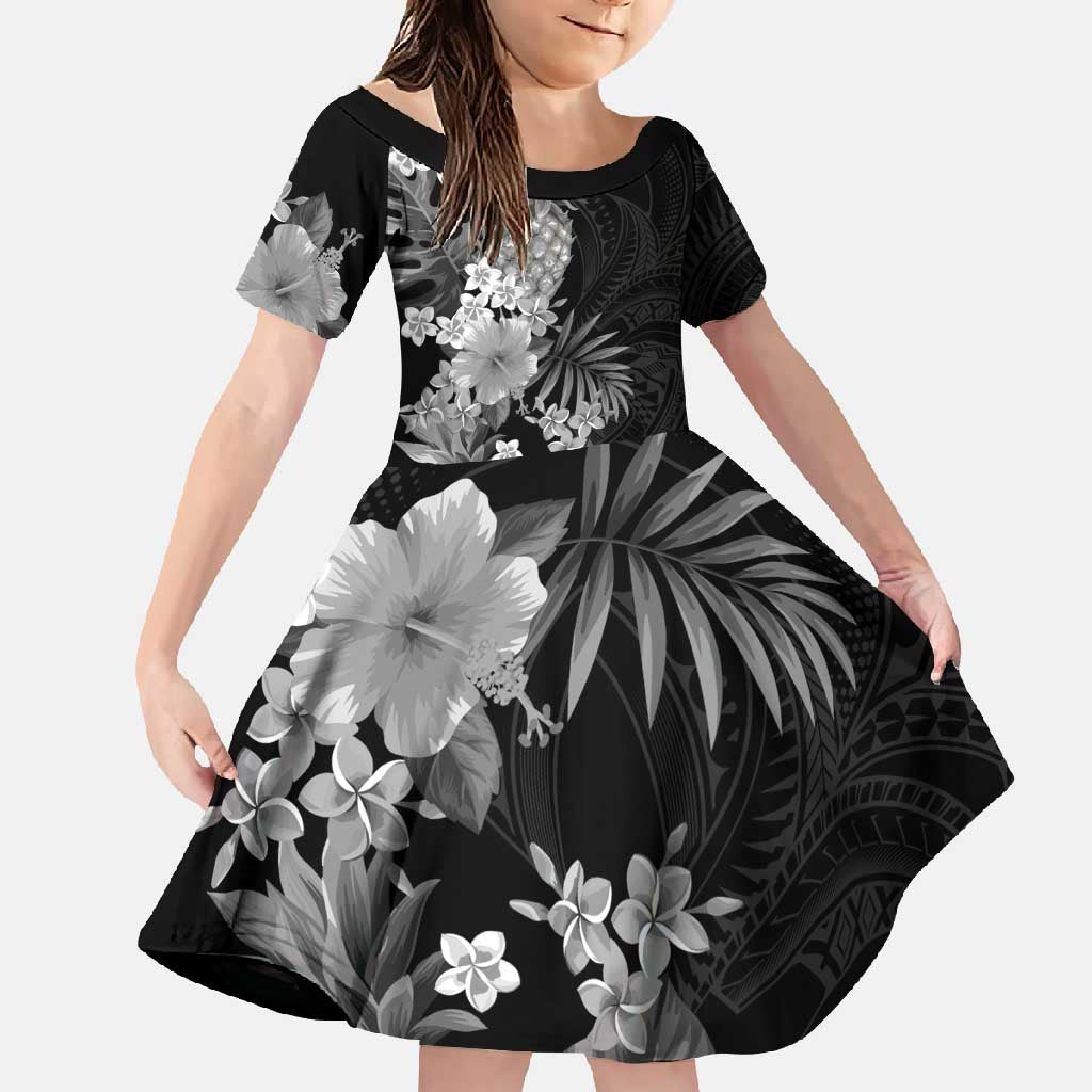 Hawaii Pineapple Tropical Family Matching Short Sleeve Bodycon Dress and Hawaiian Shirt Neutral Hibiscus Plumeria LT01 Daughter's Dress Black - Polynesian Pride