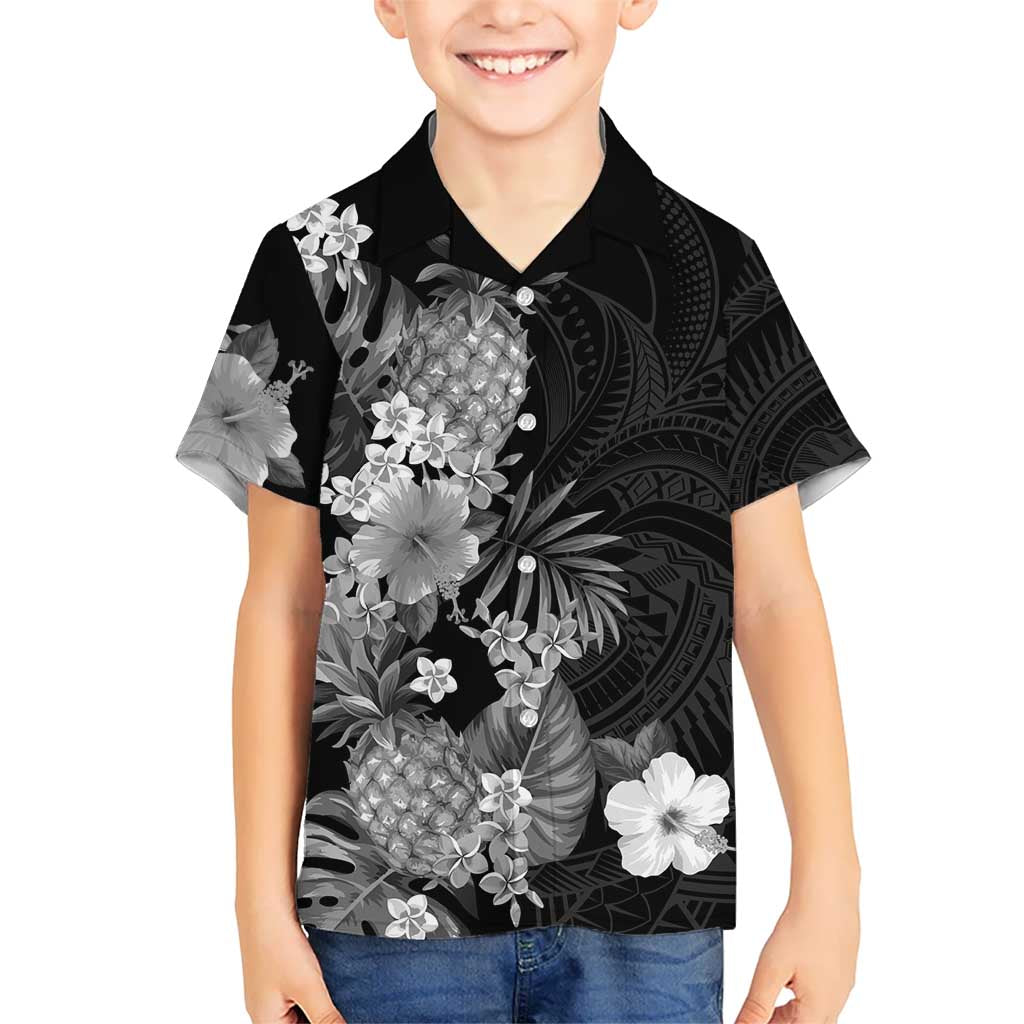 Hawaii Pineapple Tropical Kid Hawaiian Shirt Neutral Hibiscus Plumeria LT01 Kid Black - Polynesian Pride
