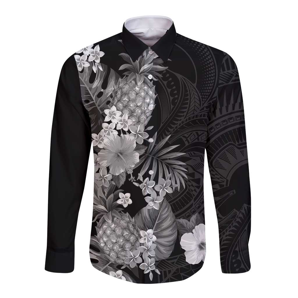 Hawaii Pineapple Tropical Long Sleeve Button Shirt Neutral Hibiscus Plumeria LT01 Unisex Black - Polynesian Pride