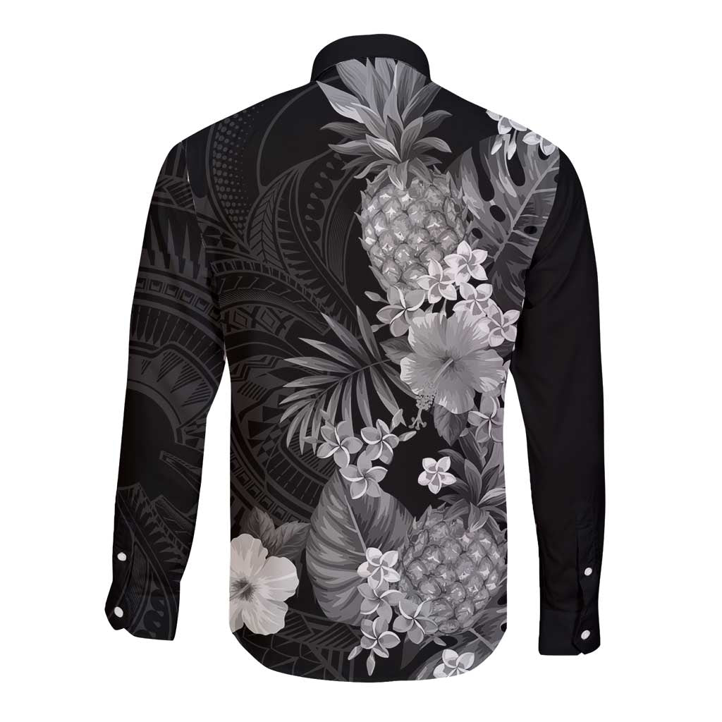 Hawaii Pineapple Tropical Long Sleeve Button Shirt Neutral Hibiscus Plumeria LT01 - Polynesian Pride