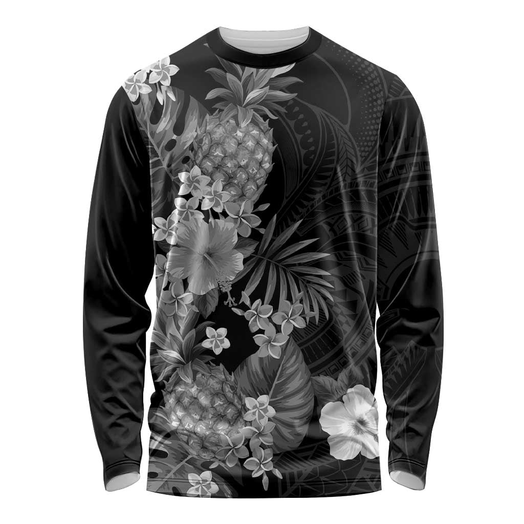 Hawaii Pineapple Tropical Long Sleeve Shirt Neutral Hibiscus Plumeria LT01 Unisex Black - Polynesian Pride