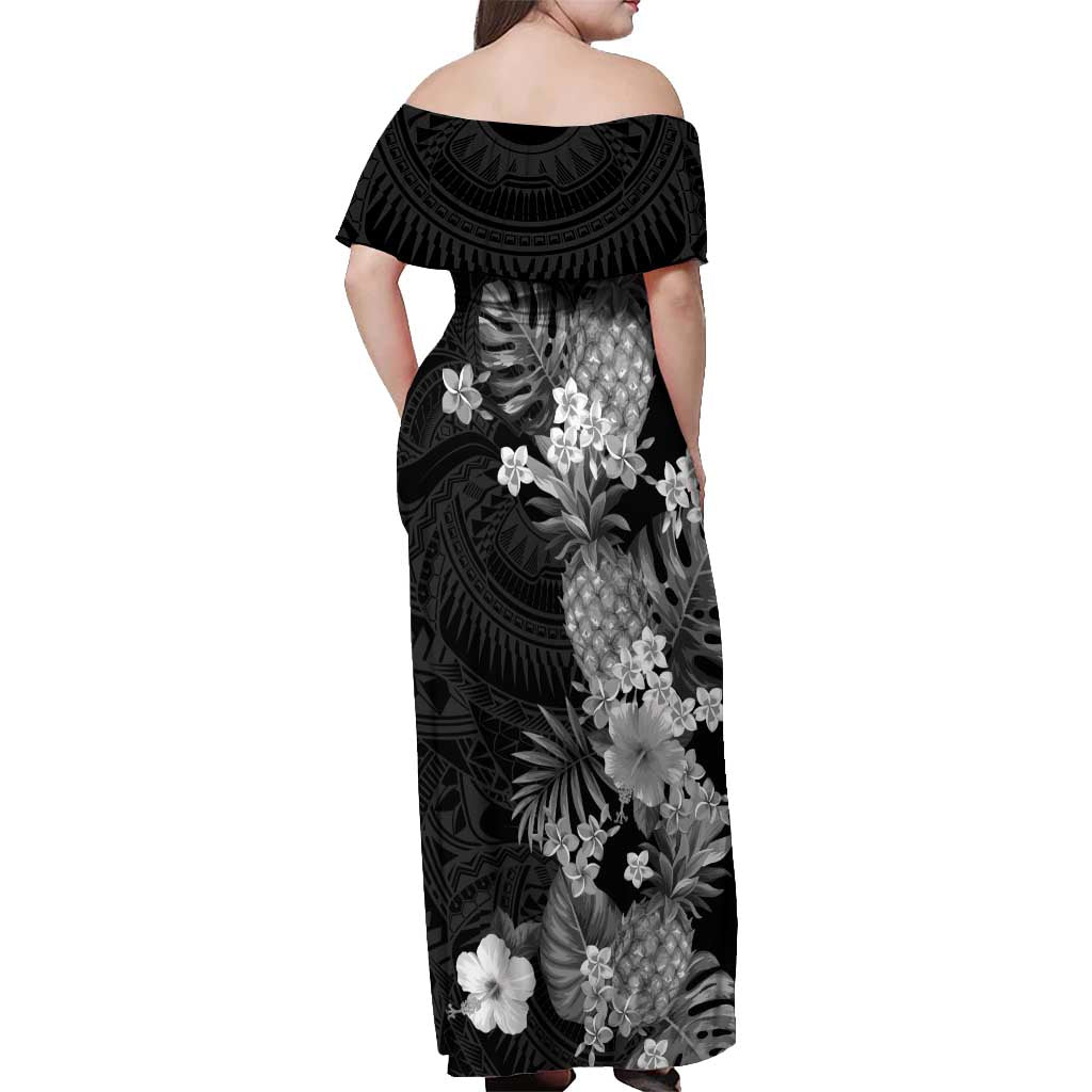 Hawaii Pineapple Tropical Off Shoulder Maxi Dress Neutral Hibiscus Plumeria