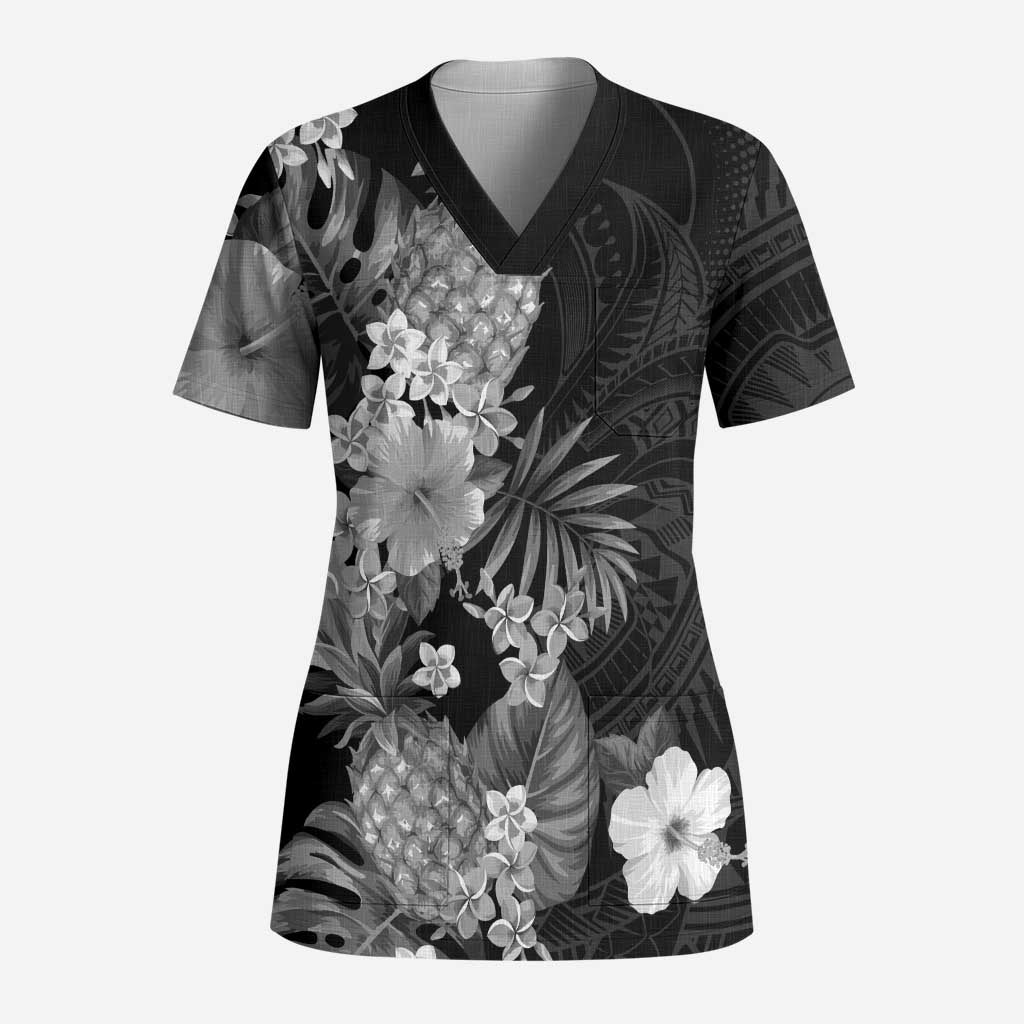 Hawaii Pineapple Tropical Scrub Top Neutral Hibiscus Plumeria LT01 Adult Black - Polynesian Pride