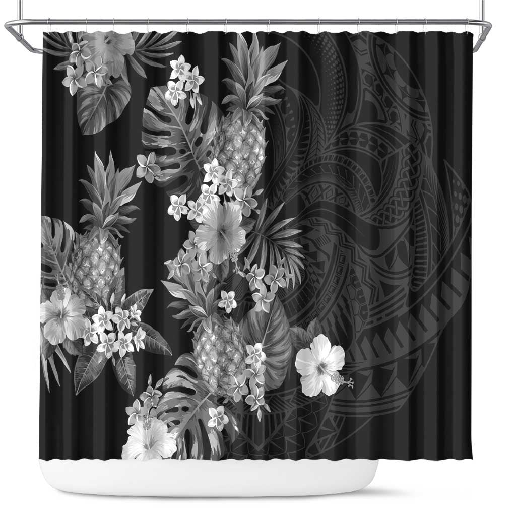 Hawaii Pineapple Tropical Shower Curtain Neutral Hibiscus Plumeria LT01 Black - Polynesian Pride