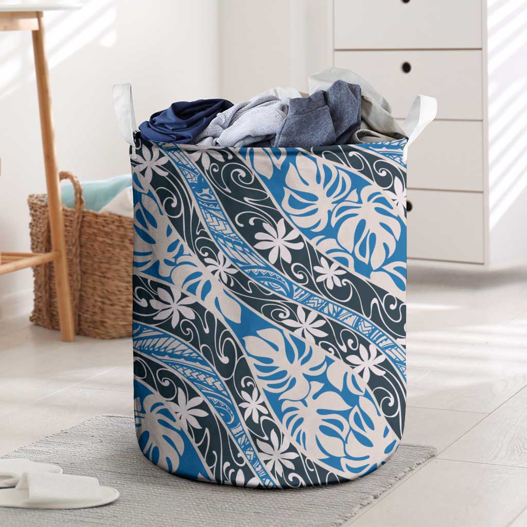 Ninamu Tahiti Tiare Monstera Laundry Basket Polynesian Pattern Curve Style LT01 Blue - Polynesian Pride