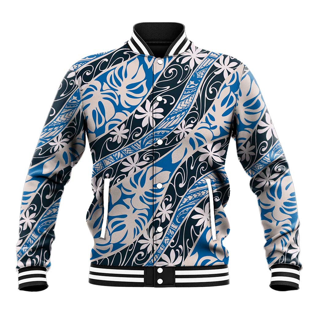 Ninamu Tahiti Tiare Monstera Baseball Jacket Polynesian Pattern Curve Style LT01 Unisex Blue - Polynesian Pride