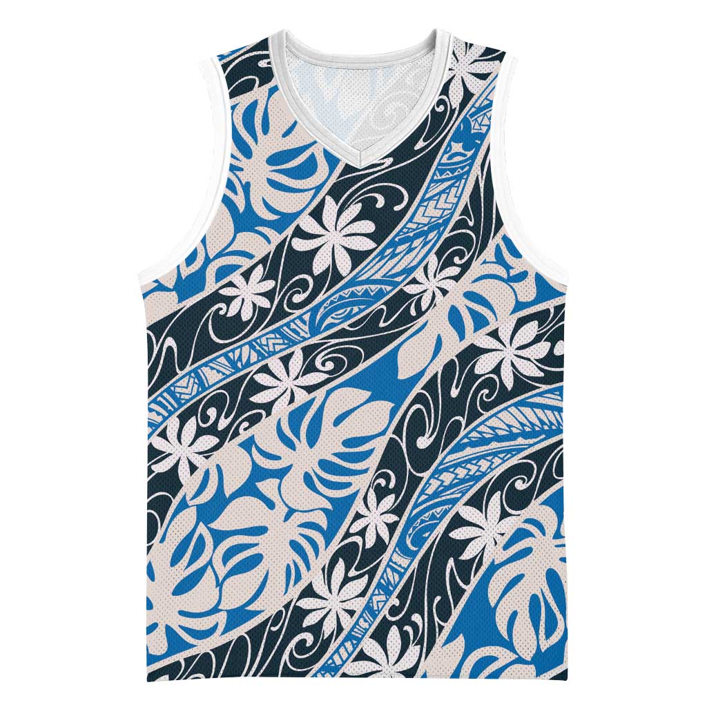 Ninamu Tahiti Tiare Monstera Basketball Jersey Polynesian Pattern Curve Style LT01 Unisex Blue - Polynesian Pride