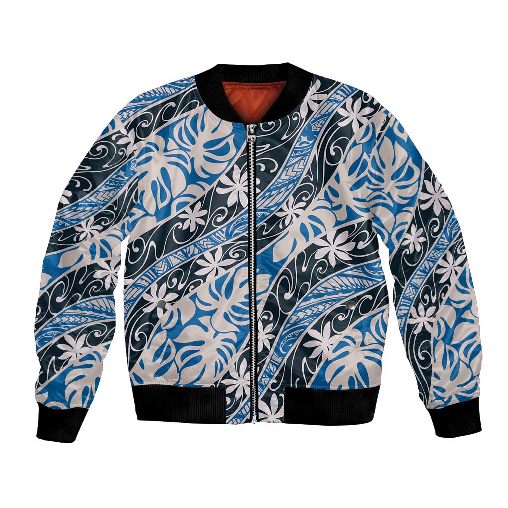 Ninamu Tahiti Tiare Monstera Bomber Jacket Polynesian Pattern Curve Style LT01 Unisex Blue - Polynesian Pride