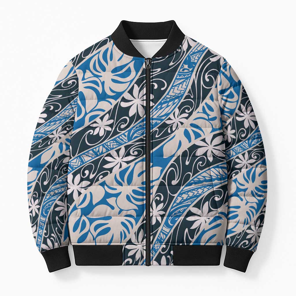Ninamu Tahiti Tiare Monstera Bomber Puffer Jacket Polynesian Pattern Curve Style LT01 Unisex Blue - Polynesian Pride