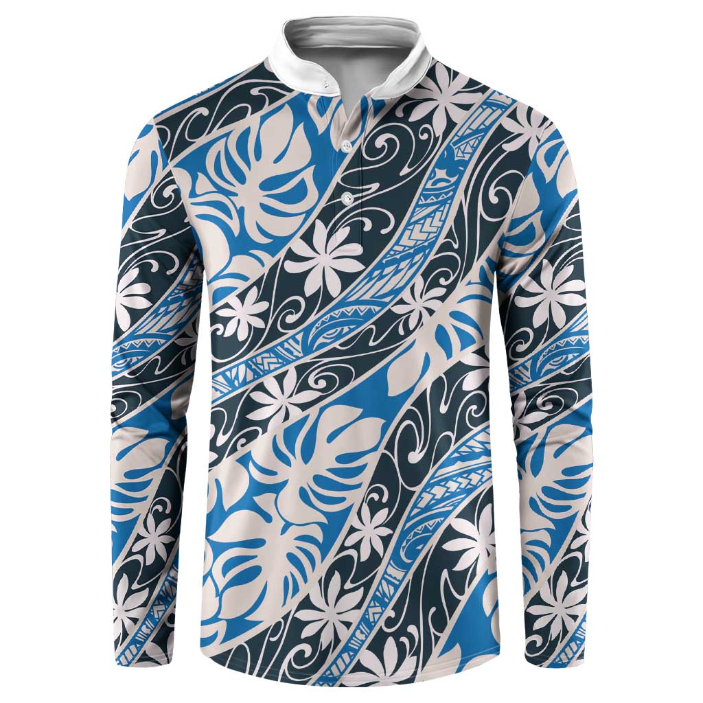 Ninamu Tahiti Tiare Monstera Button Sweatshirt Polynesian Pattern Curve Style LT01 Blue - Polynesian Pride