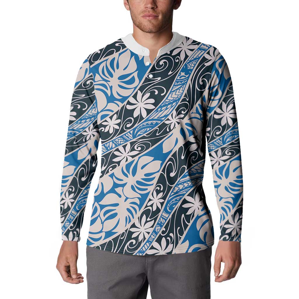Ninamu Tahiti Tiare Monstera Button Sweatshirt Polynesian Pattern Curve Style - Polynesian Pride