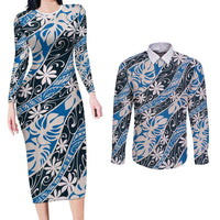 Ninamu Tahiti Tiare Monstera Couples Matching Long Sleeve Bodycon Dress and Long Sleeve Button Shirt Polynesian Pattern Curve Style - Polynesian Pride