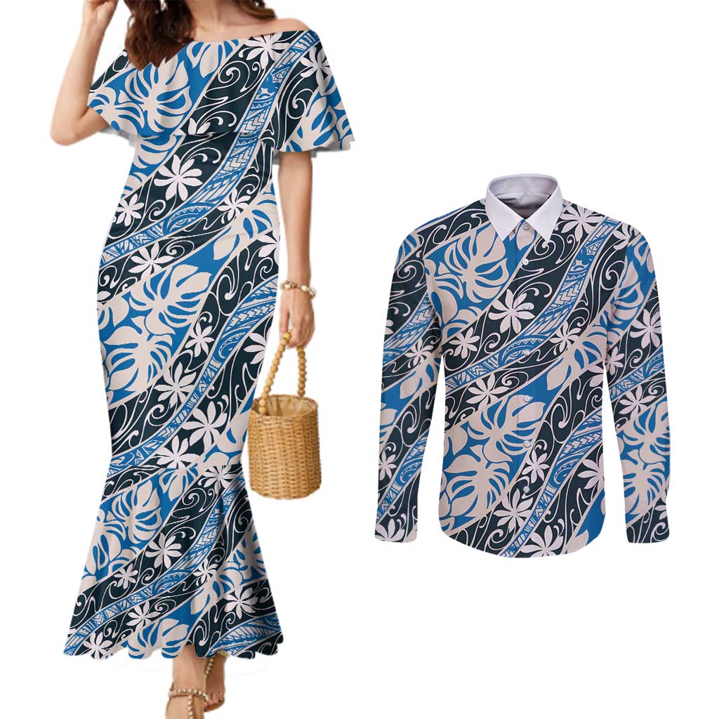 Ninamu Tahiti Tiare Monstera Couples Matching Mermaid Dress and Long Sleeve Button Shirt Polynesian Pattern Curve Style LT01 Blue - Polynesian Pride