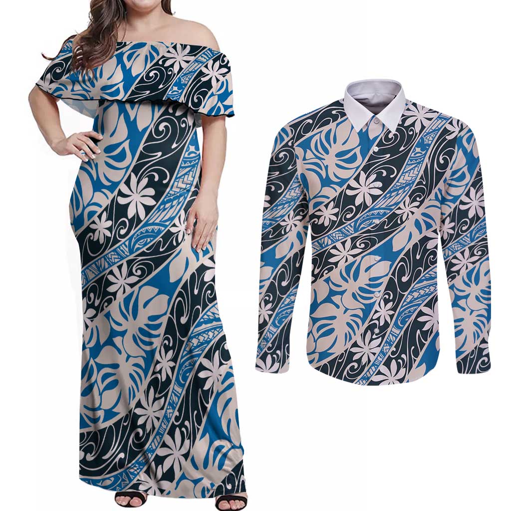Ninamu Tahiti Tiare Monstera Couples Matching Off Shoulder Maxi Dress and Long Sleeve Button Shirt Polynesian Pattern Curve Style - Polynesian Pride