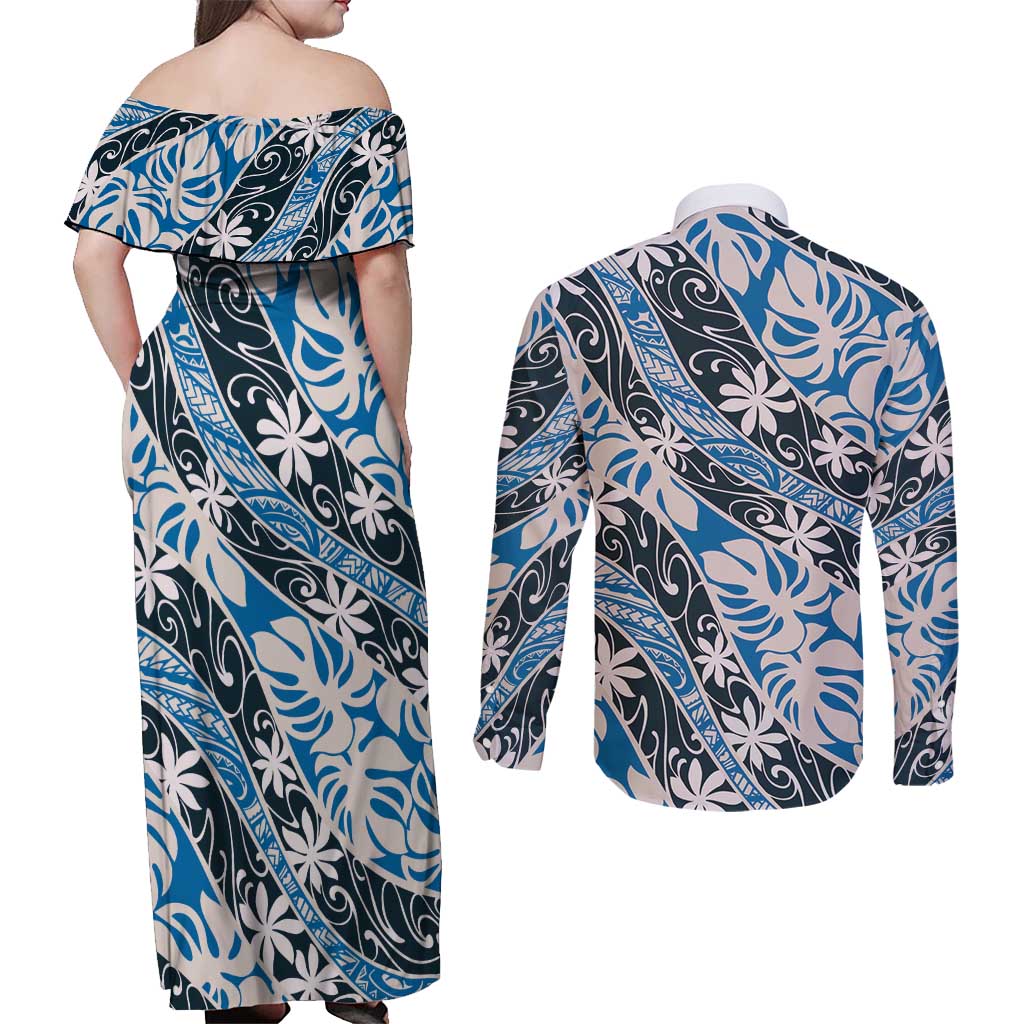 Ninamu Tahiti Tiare Monstera Couples Matching Off Shoulder Maxi Dress and Long Sleeve Button Shirt Polynesian Pattern Curve Style - Polynesian Pride